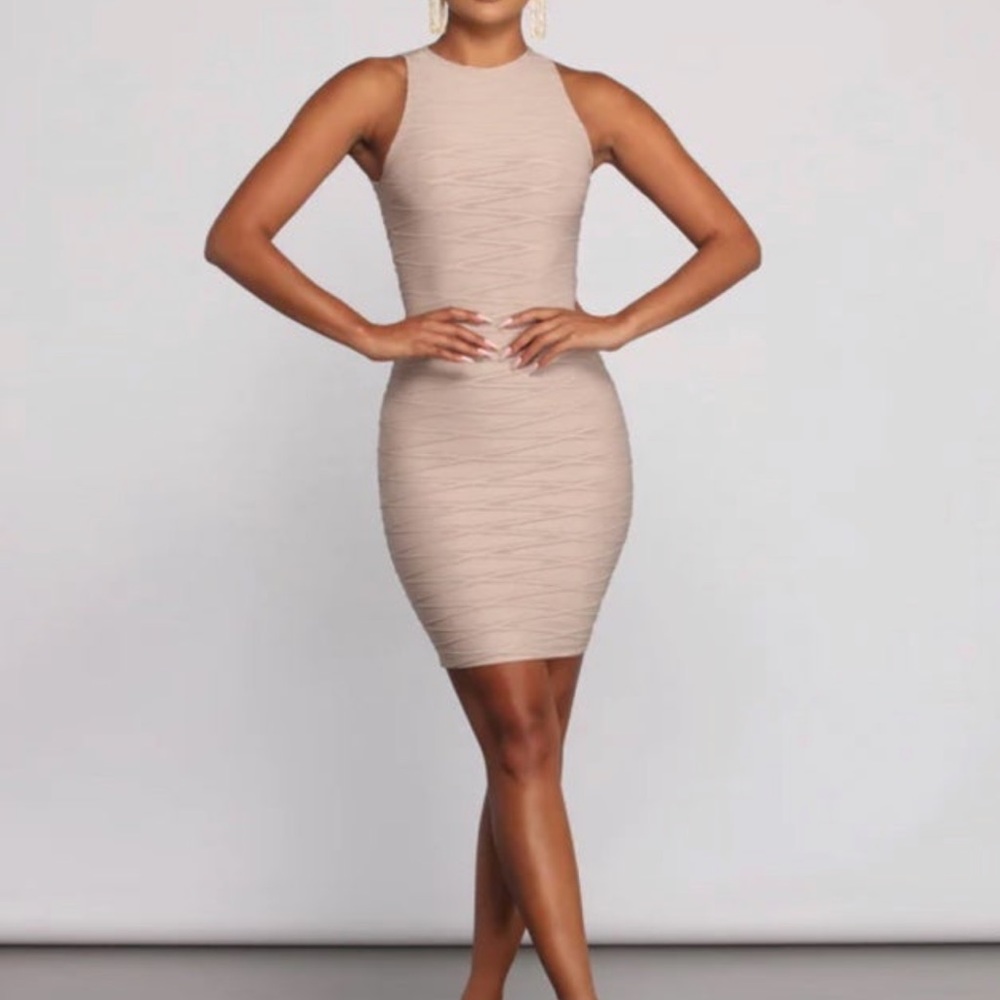 Trendy Textures Sleeveless Mini Dress in Nude